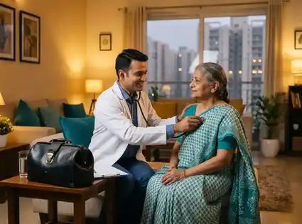 Doctor conducting women's health visit at home in Gurgaon