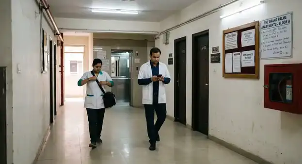 Nurse and doctor in apartment corridor for home nursing care in Gurgaon